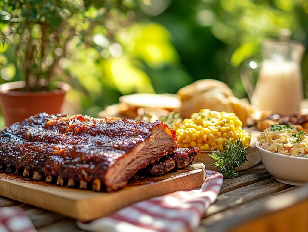 A picnic table with a spread of hickory smoked barbecue dishes and side dishes, hands reaching for food.