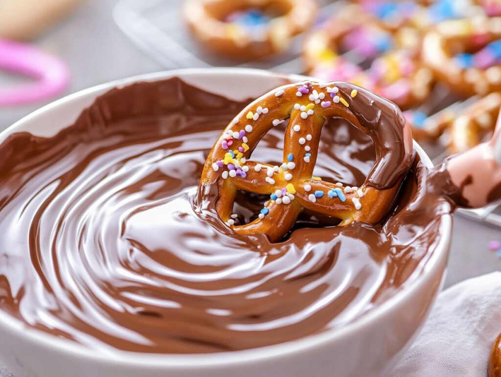 A hand dipping a pretzel into melted milk chocolate with baking tools in the background.
