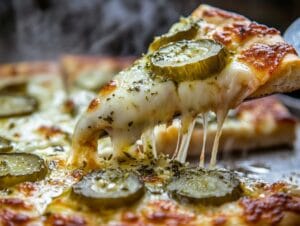 Close-up of a single slice of pickle pie pizza being served, with melted cheese and dill pickles.