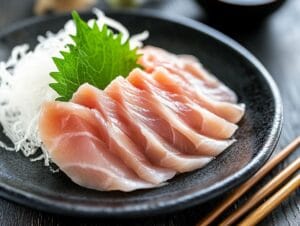 A vibrant plate of yellowtail sashimi garnished with daikon radish and perilla leaves.