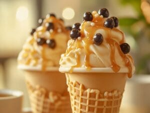 Creami milk tea ice cream in a waffle cone topped with caramel drizzle and boba pearls.