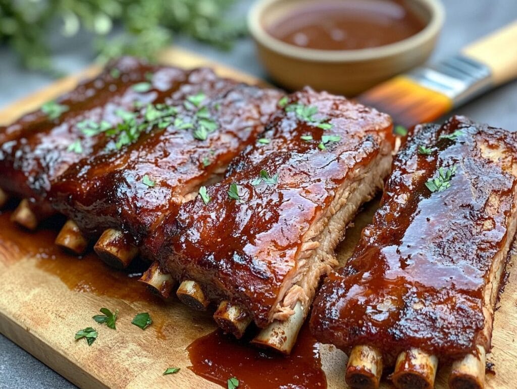 Close-up of glazed hickory smoked ribs garnished with herbs.