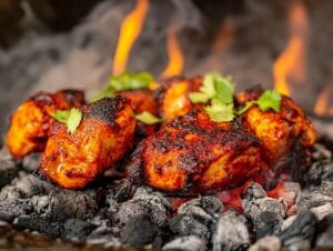 A vibrant tandoori chicken piece on a charcoal grill with smoky flames and spices.
