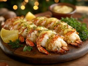 Juicy langostino lobster tails on a rustic platter with lemon and parsley.