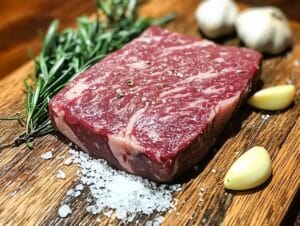Raw flat iron steak on a wooden board with herbs