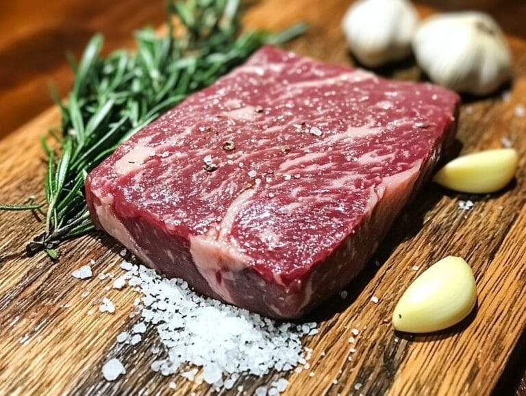 Raw flat iron steak on a wooden board with herbs
