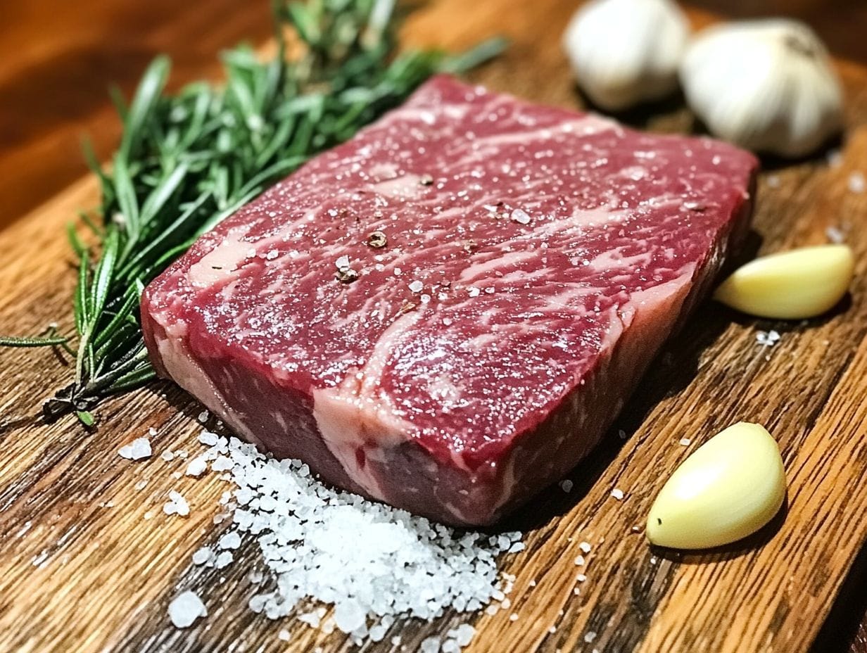 Raw flat iron steak on a wooden board with herbs