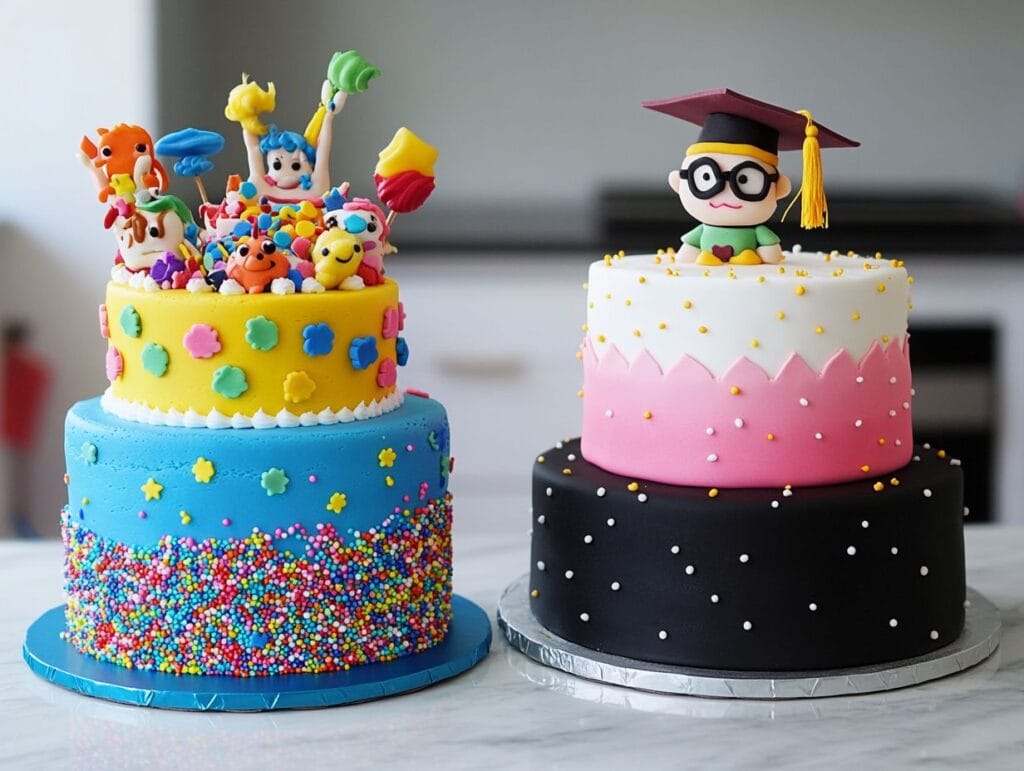 Cakes for different graduation milestones.
