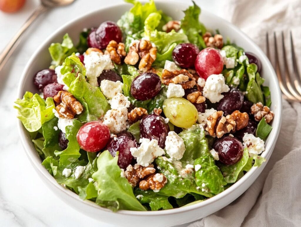 A fresh grape salad with leafy greens, walnuts, and feta cheese.