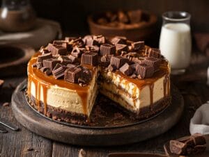 Reese's Caramel Cheesecake with caramel drizzle and Reese's cups.