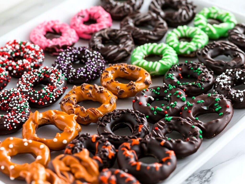 Festive milk chocolate covered pretzels decorated for holidays like Christmas, Halloween, and Easter.