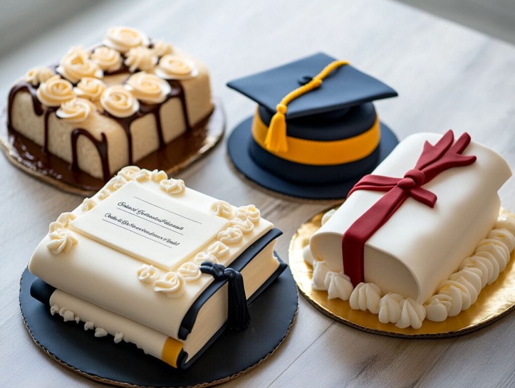 A variety of themed graduation cakes.