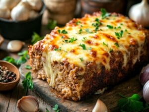 A beautifully baked French onion meatloaf topped with melted cheese on a wooden table surrounded by ingredients.