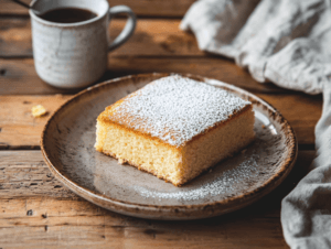 Easy kefir sheet cake on a rustic plate garnished with powdered sugar.