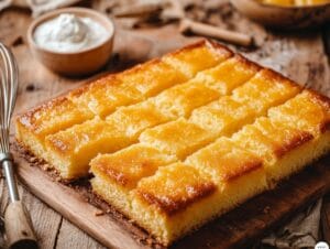 A moist and fluffy kefir sheet cake sliced and served on a wooden table