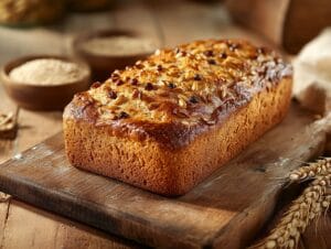 A freshly baked loaf of wheatberry bread on a wooden cutting board with wheat stalks in the background.