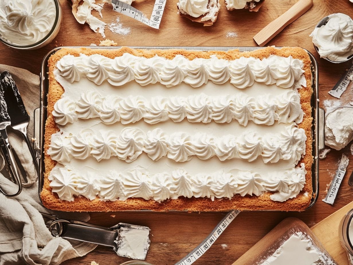 A frosted sheet cake with measuring tape marking dimensions.