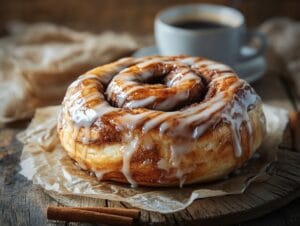 Freshly baked Big Texas Cinnamon Roll with vanilla glaze dripping down its swirls.