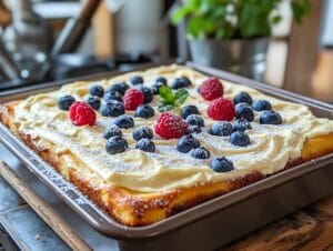 A freshly baked kefir sheet cake with cream cheese frosting, topped with berries and powdered sugar.