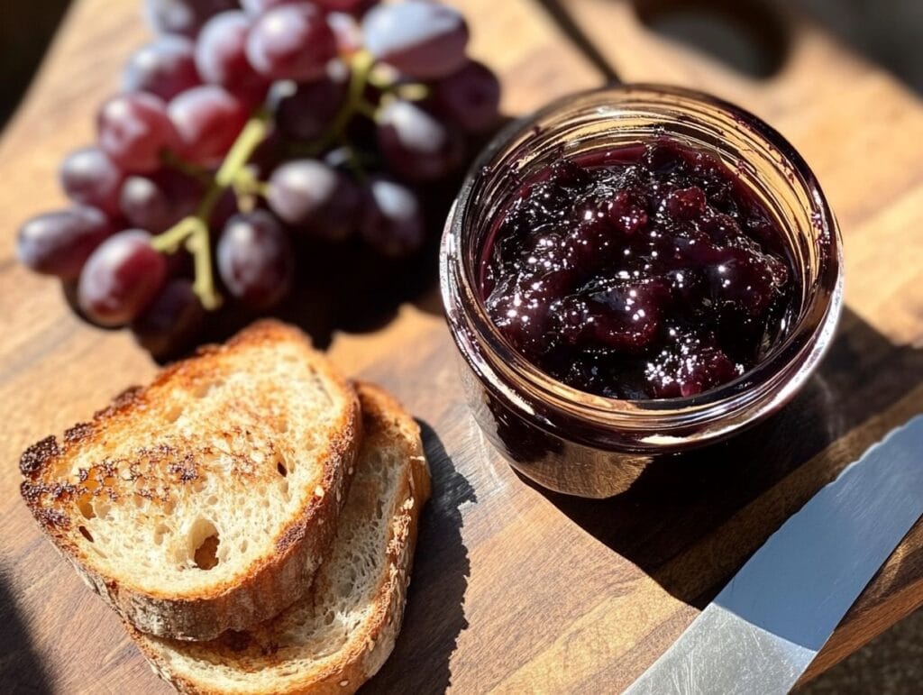 A jar of homemade grape jam with a spoon.