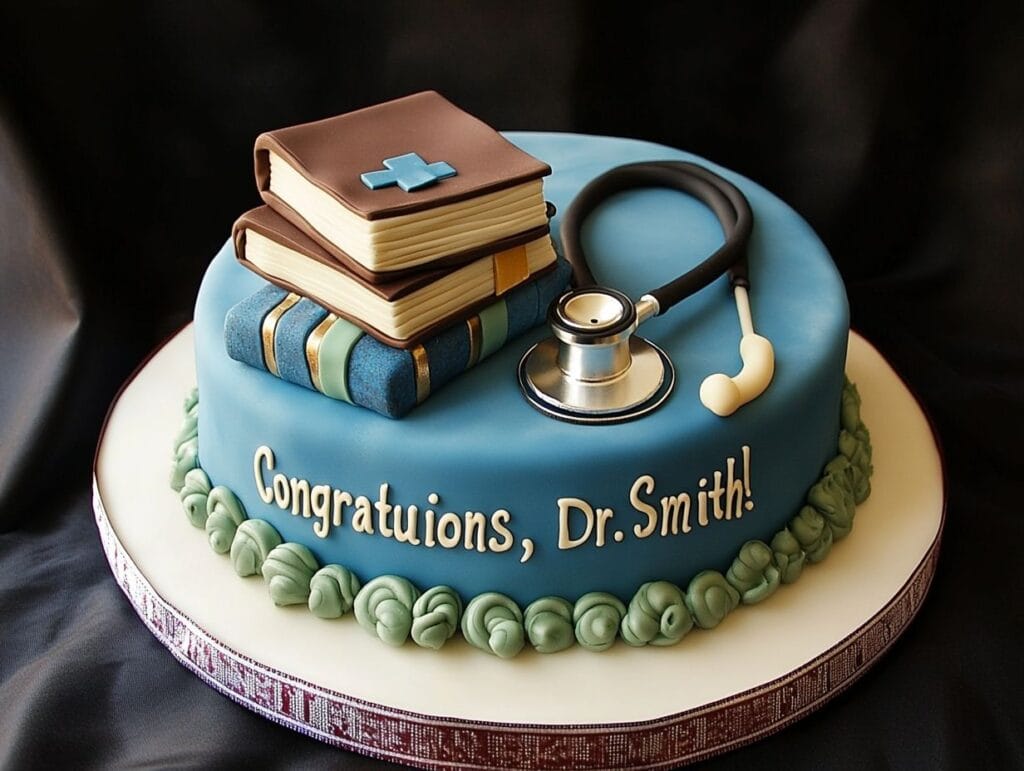 A personalized graduation cake for a medical graduate.