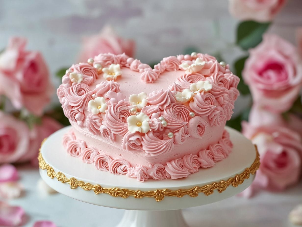 Stunning heart-shaped cake with pink frosting and floral designs.