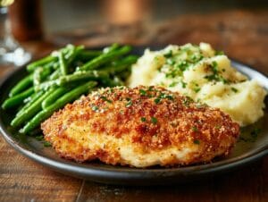A plated Longhorn Parmesan Crusted Chicken with golden crust, mashed potatoes, and green beans.