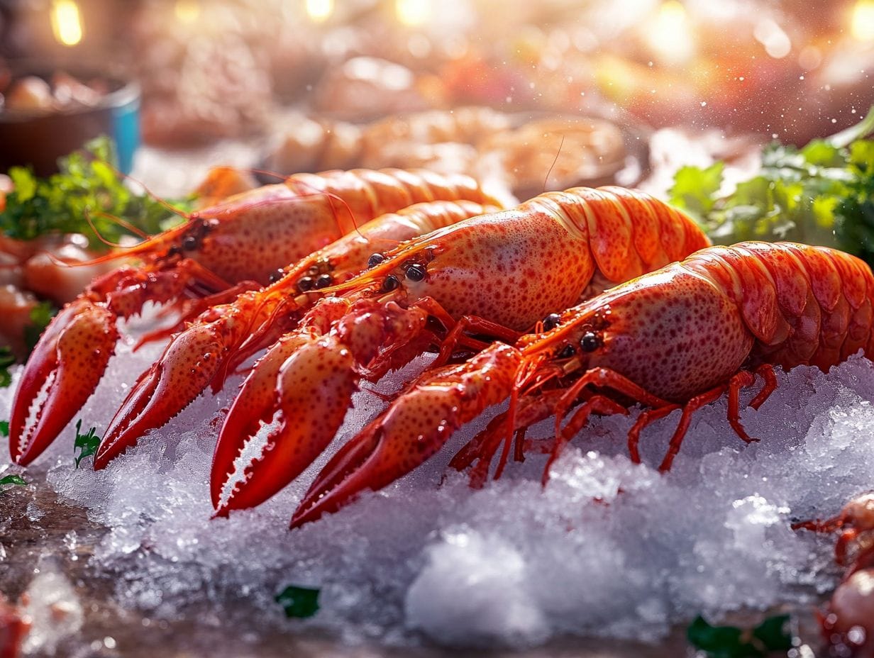 Fresh langostinos on a bed of ice, showcasing their bright red shells and delicate texture.