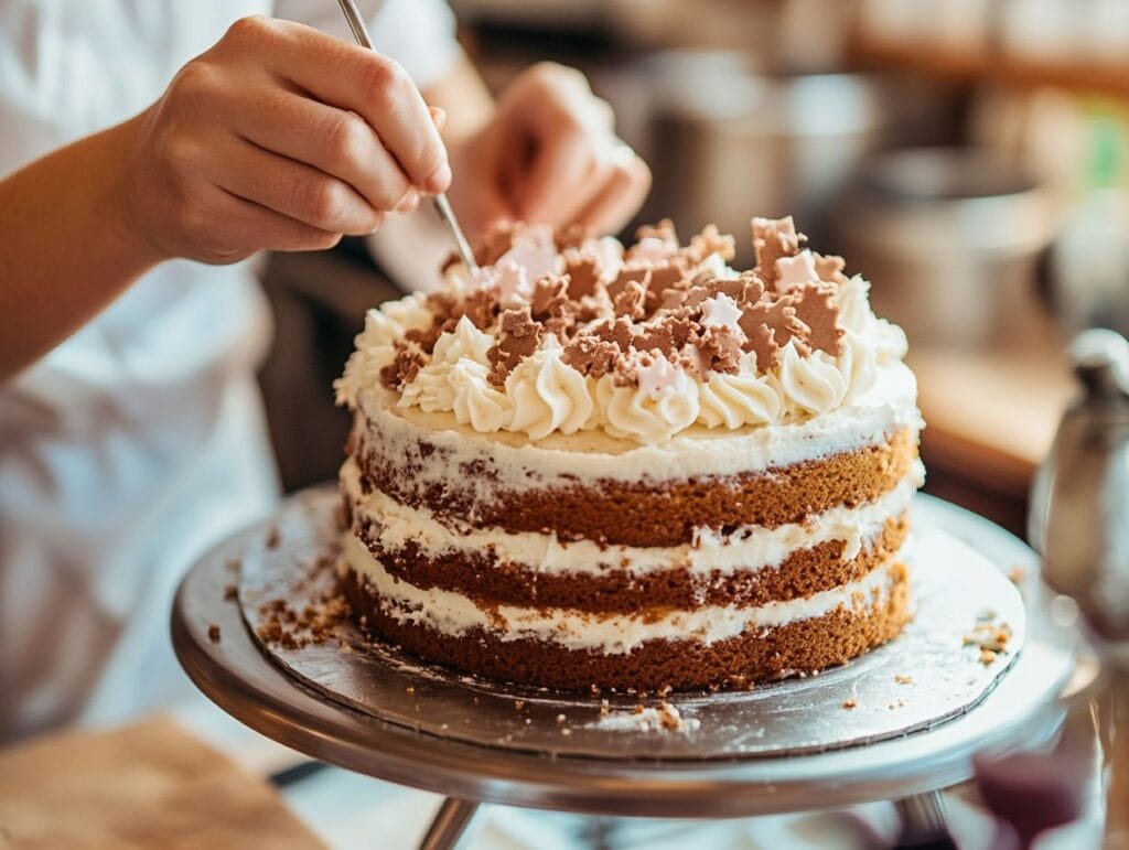 A baker decorating a graduation cake at home.