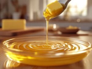 Liquid butter being poured from a spoon into a jar.
