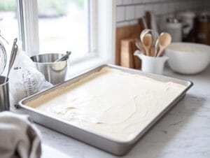 Baker measuring batter for a sheet cake pan