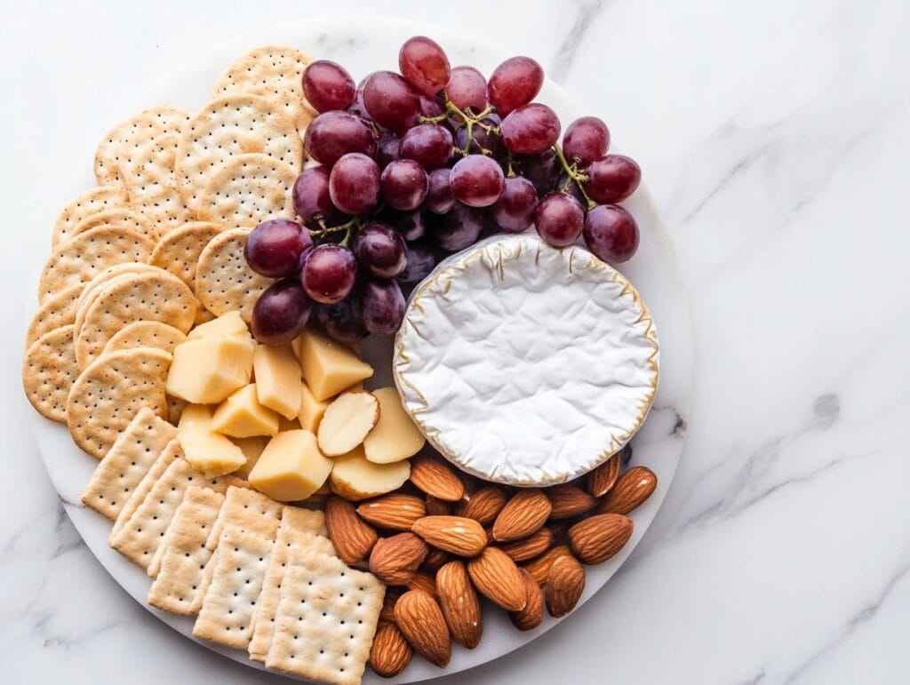 A gourmet cheese platter featuring grapes, brie, and crackers.