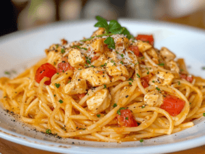 A plate of creamy Marry Me Chicken Pasta garnished with fresh basil and Parmesan.