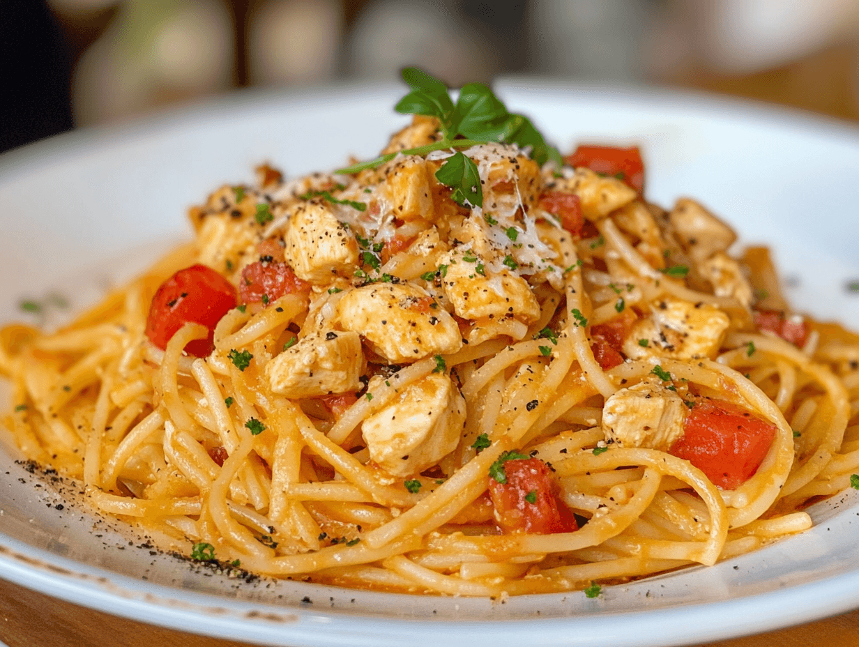 A plate of creamy Marry Me Chicken Pasta garnished with fresh basil and Parmesan.
