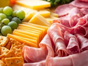 A close-up of sliced ham on a charcuterie board with cheese and fruits.