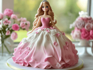 Barbie cake with intricate pink and white decorations.