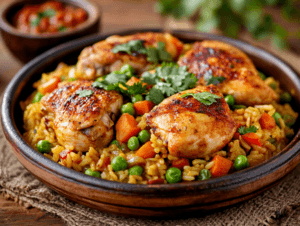 A vibrant plate of arroz con pollo peruano garnished with fresh cilantro and vegetables.