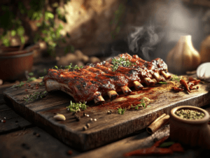 Juicy beef back ribs on a wooden cutting board.