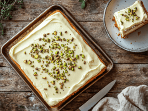 Rectangular kefir sheet cake with cream cheese frosting and pistachio topping on a wooden table.