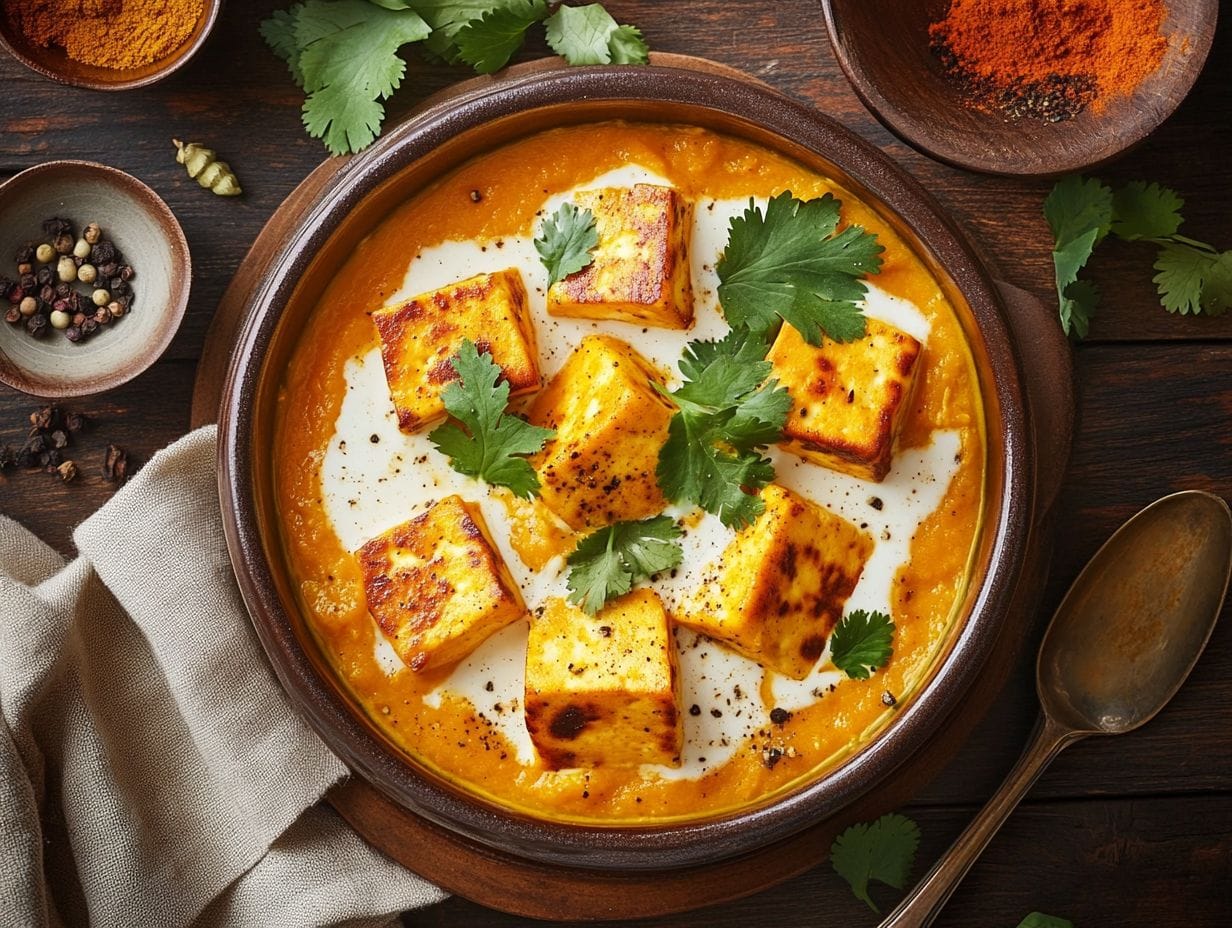 Pumpkin paneer with puree garnished with fresh cilantro in a rustic brown bowl.