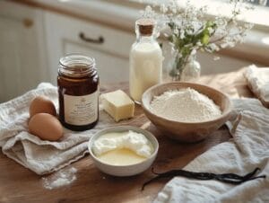 Ingredients for kefir sheet cake displayed on a wooden countertop.