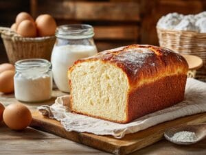 Golden loaf of freshly baked bread on a wooden cutting board, showcasing its fluffy texture, made using kefir.