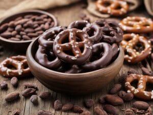 Milk chocolate covered pretzels in a bowl on a wooden table.