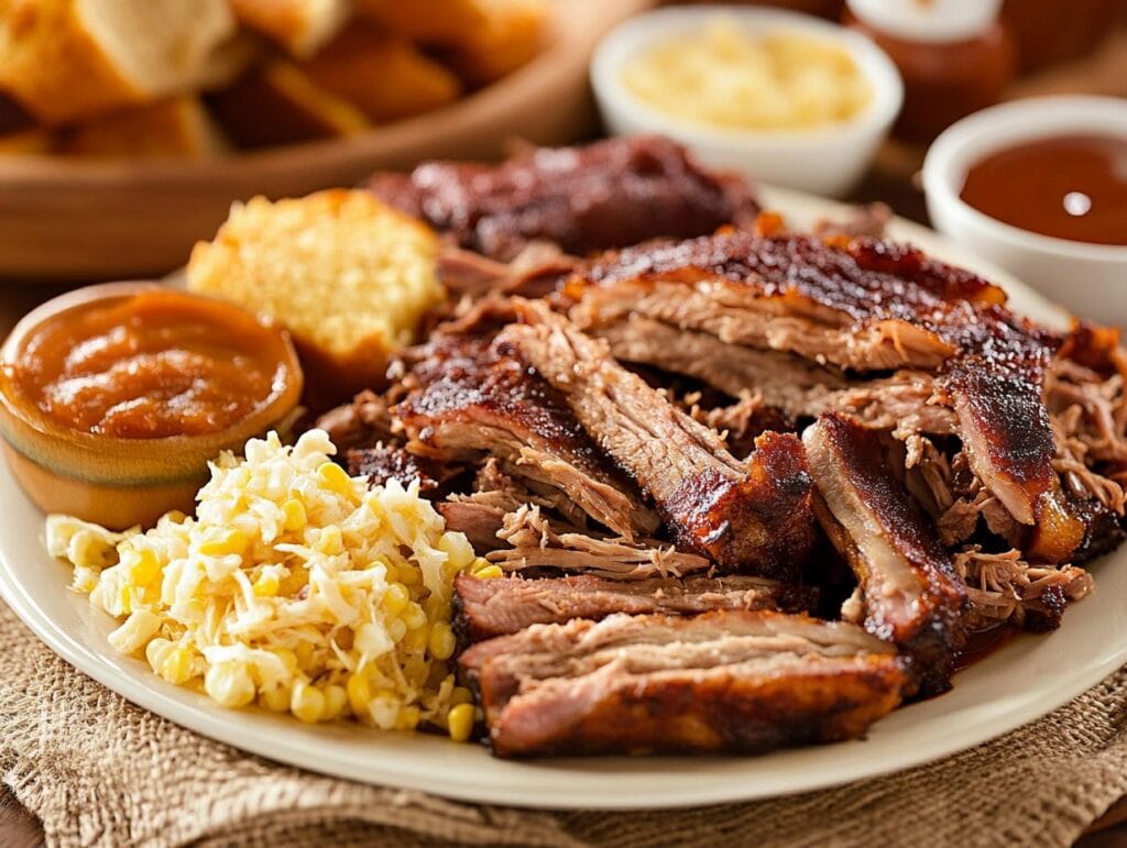 A plate of hickory smoked barbecue with pulled pork, ribs, and brisket, accompanied by cornbread and coleslaw.