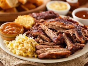 A plate of hickory smoked barbecue with pulled pork, ribs, and brisket, accompanied by cornbread and coleslaw.