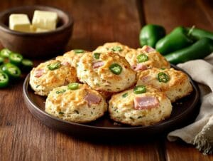 Freshly baked ham and jalapeno biscuits on a wooden table with jalapenos and ham slices beside them.