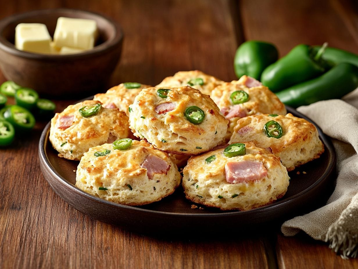Freshly baked ham and jalapeno biscuits on a wooden table with jalapenos and ham slices beside them.