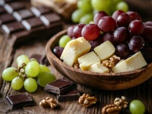 A bowl of fresh grapes surrounded by cheese, nuts, and chocolate.