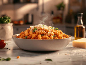 A steaming bowl of corkscrew pasta with fresh herbs and grated cheese.