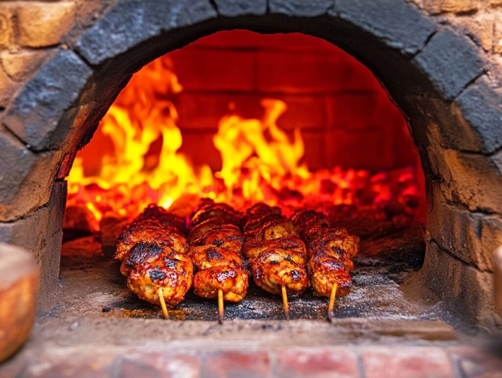 A clay tandoor oven with glowing embers and naan bread cooking on its interior walls.